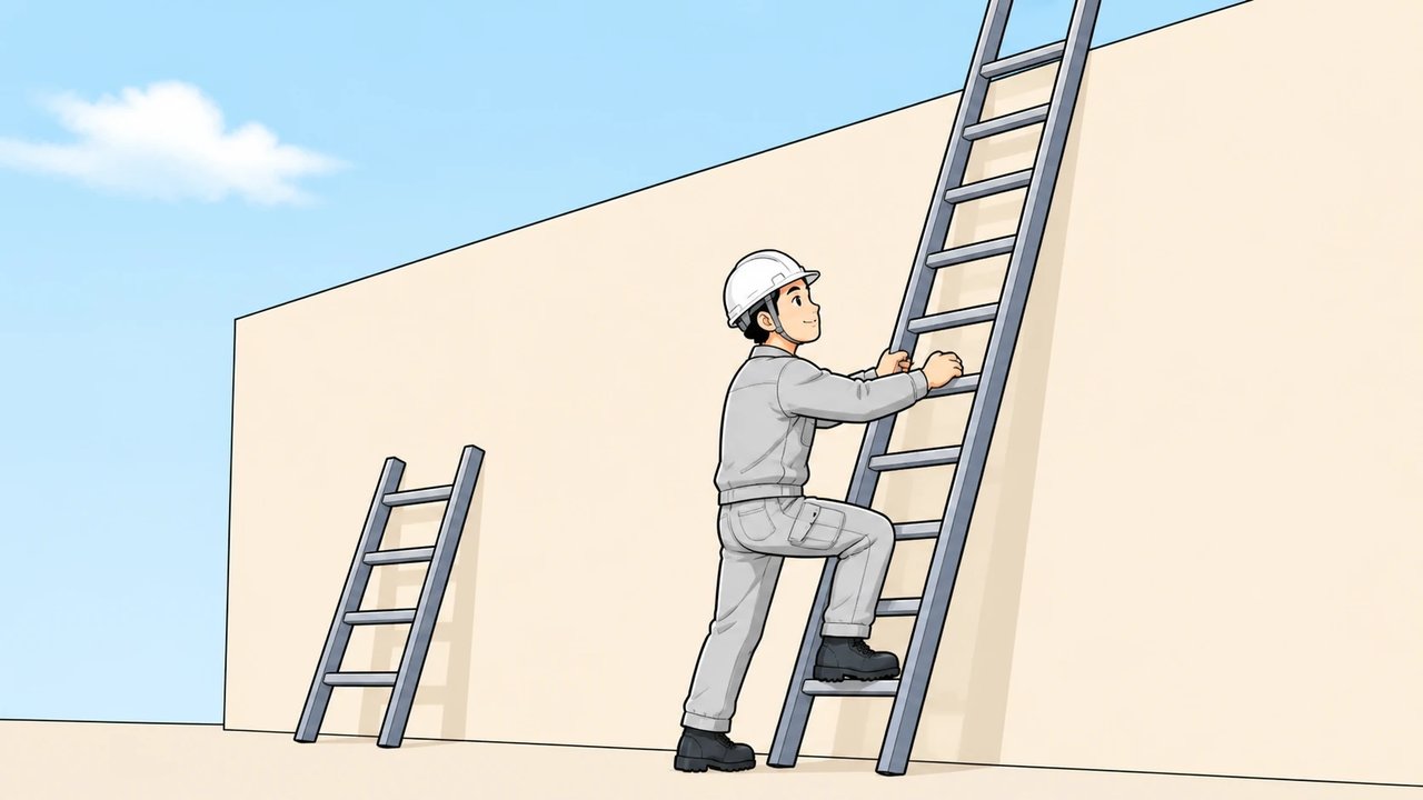 短いはしごを使わず、長いはしごで登り始める作業員のイラスト