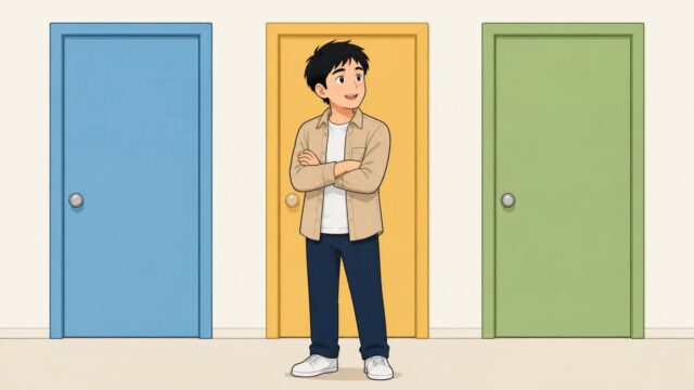 3つの色違いの扉の前で腕を組んで考える男性のイラスト