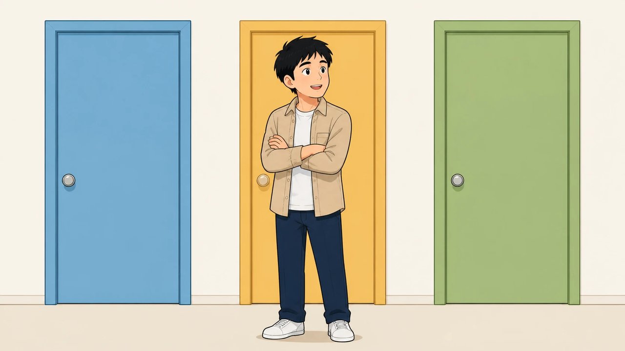 3つの色違いの扉の前で腕を組んで考える男性のイラスト