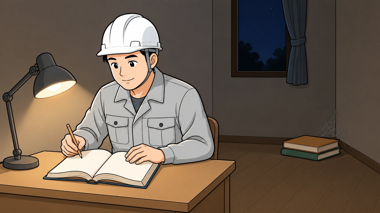 夜の部屋で教科書を開いて勉強する作業員。床には手つかずの教材が積まれている
