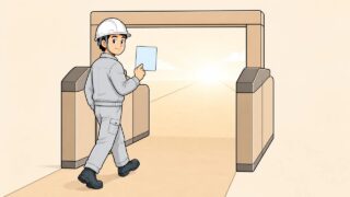 改札のようなゲートの前で切符を手にした作業員のイラスト