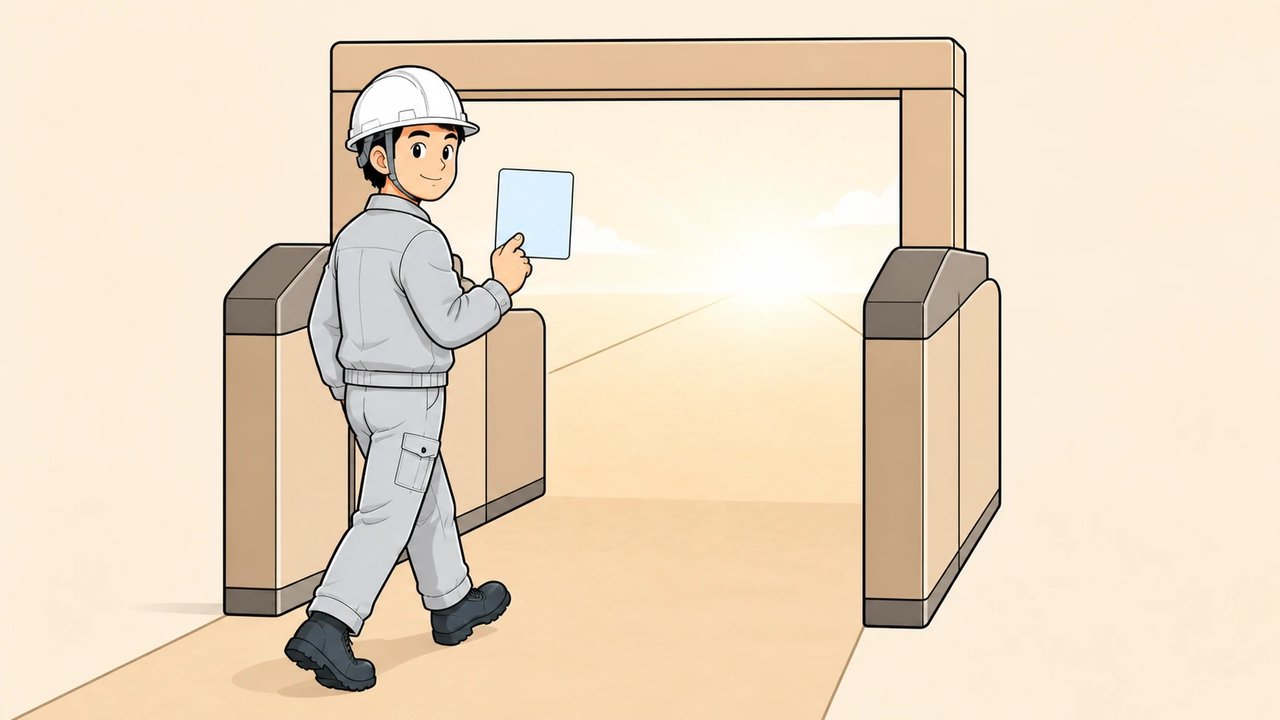 改札のようなゲートの前で切符を手にした作業員のイラスト