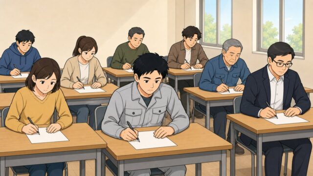 試験会場で机に向かう、年齢も服装もさまざまな受験者たち