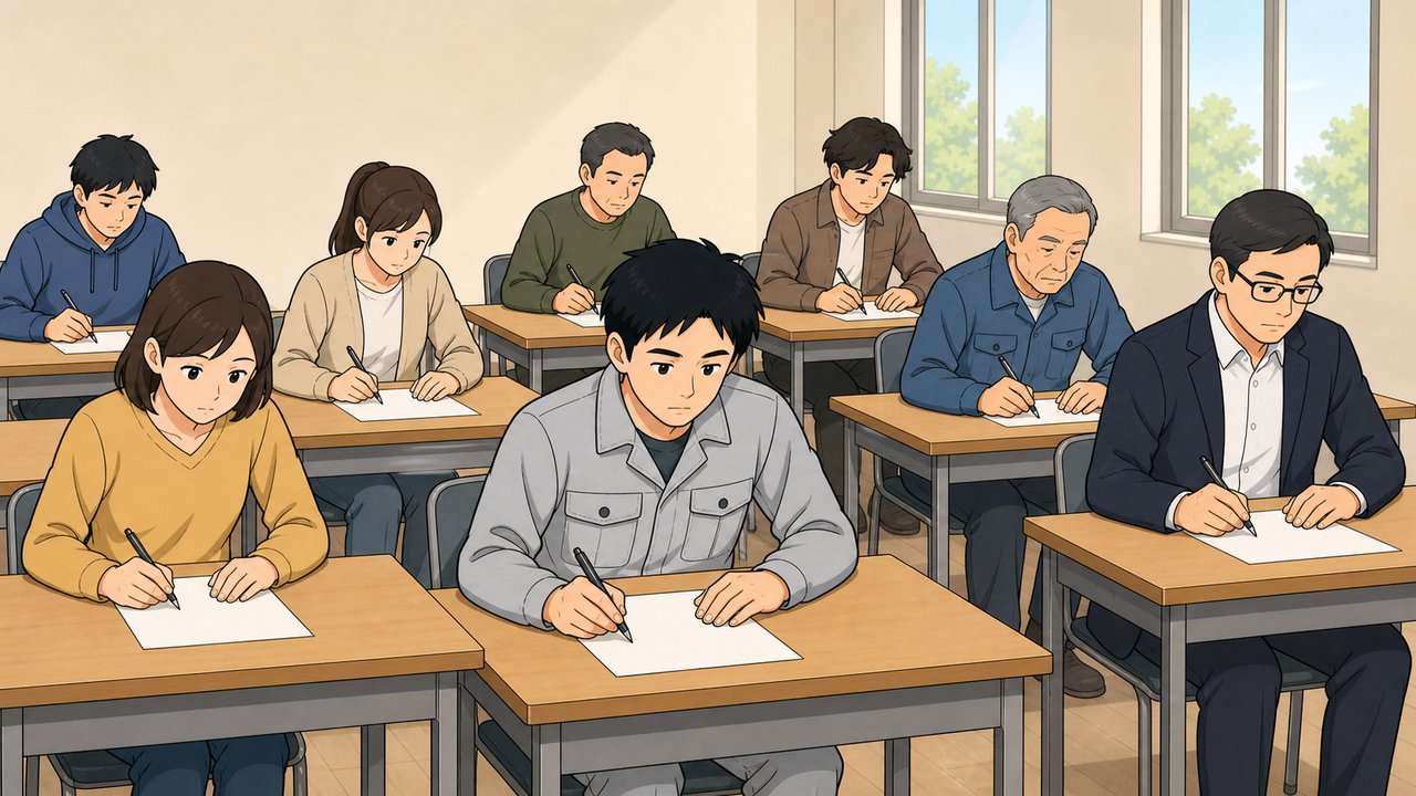 試験会場で机に向かう、年齢も服装もさまざまな受験者たち