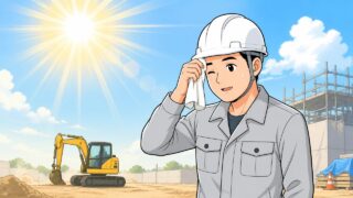 真夏の工事現場でタオルで汗を拭う作業員のイラスト