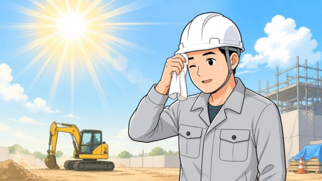 真夏の工事現場でタオルで汗を拭う作業員のイラスト