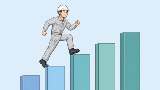 高くなっていく棒グラフを階段のように登る作業員のイラスト