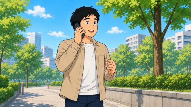 公園で携帯電話を耳に当てて驚く男性のイラスト