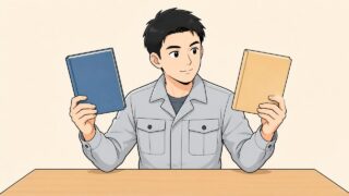 2冊の本を左右の手に持って見比べる作業員のイラスト