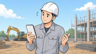 工事現場でスマホを見て首をかしげる作業員のイラスト