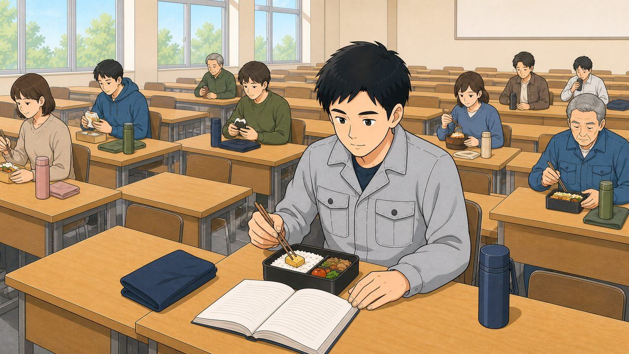 試験の昼休みに自分の席で弁当を食べながら復習するイラスト