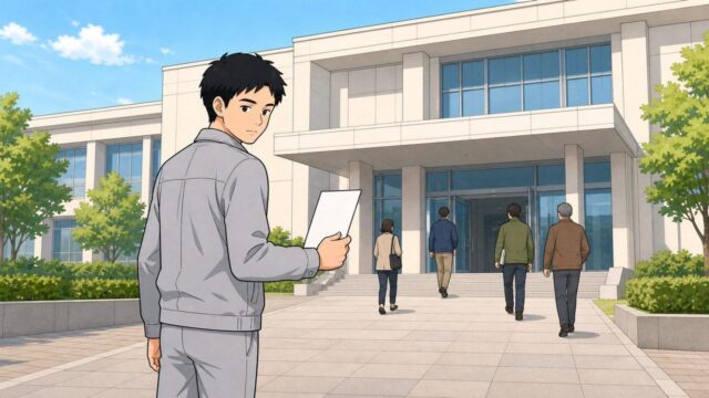 受験票を手に試験会場へ向かう男性のイラスト