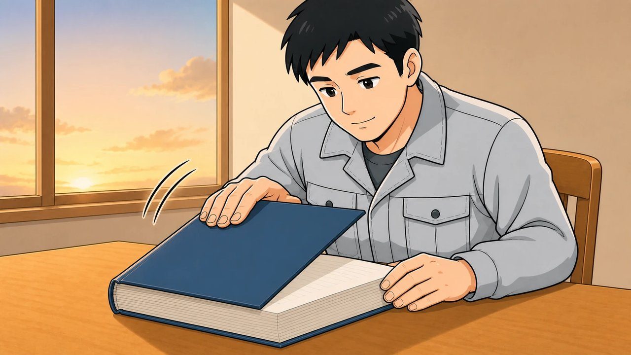 過去問集を解き終えて閉じる男性のイラスト