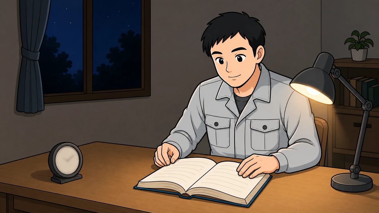 夜の机で1日1時間の勉強を始める男性のイラスト
