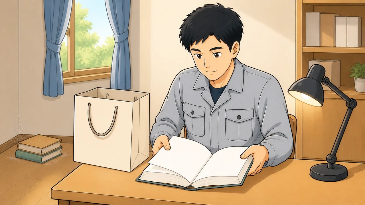 買ってきたばかりの教材をすぐに開く男性のイラスト