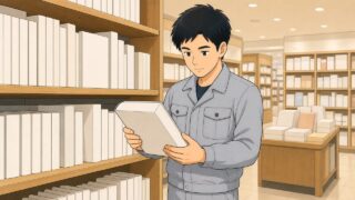書店で二次検定の教材を選ぶ男性のイラスト