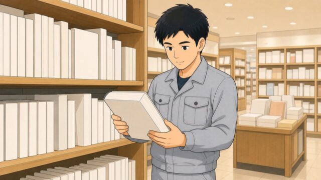 書店で二次検定の教材を選ぶ男性のイラスト