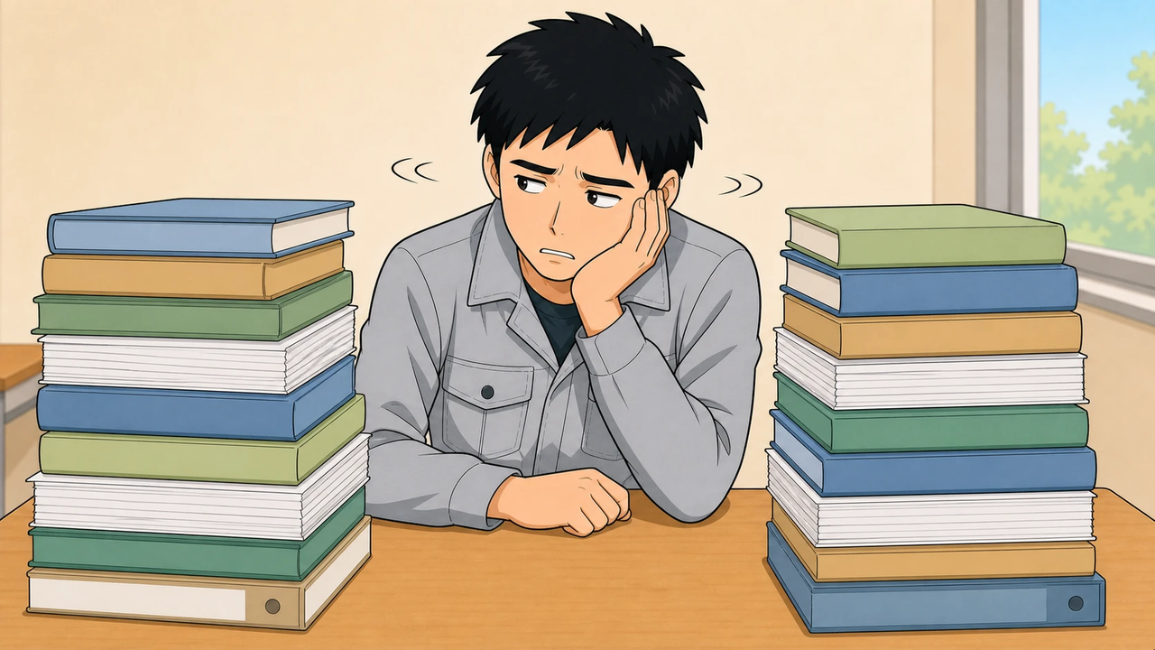 2つの教材の山を前にうんざりする作業員のイラスト