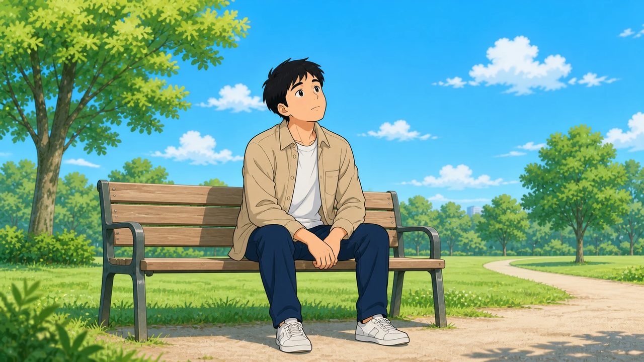 公園のベンチにひとりで座り、空を見上げる男性のイラスト