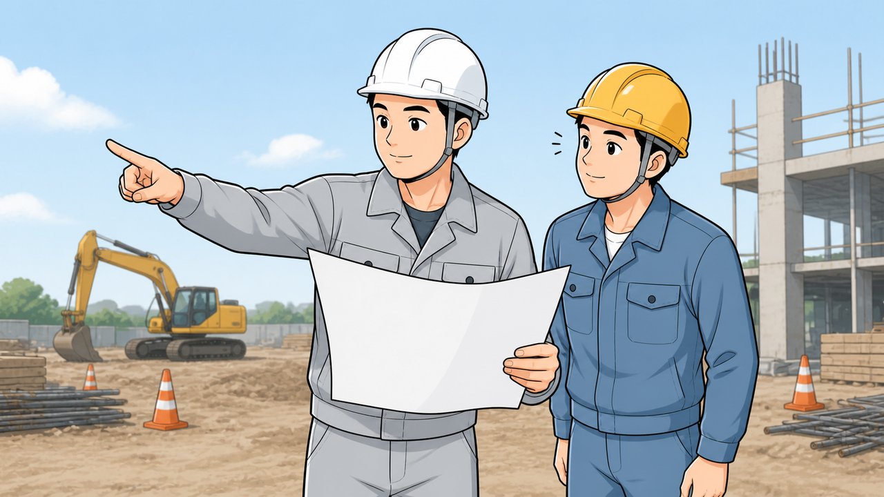 現場で図面を持ち指差し確認する技術者と若手のイラスト