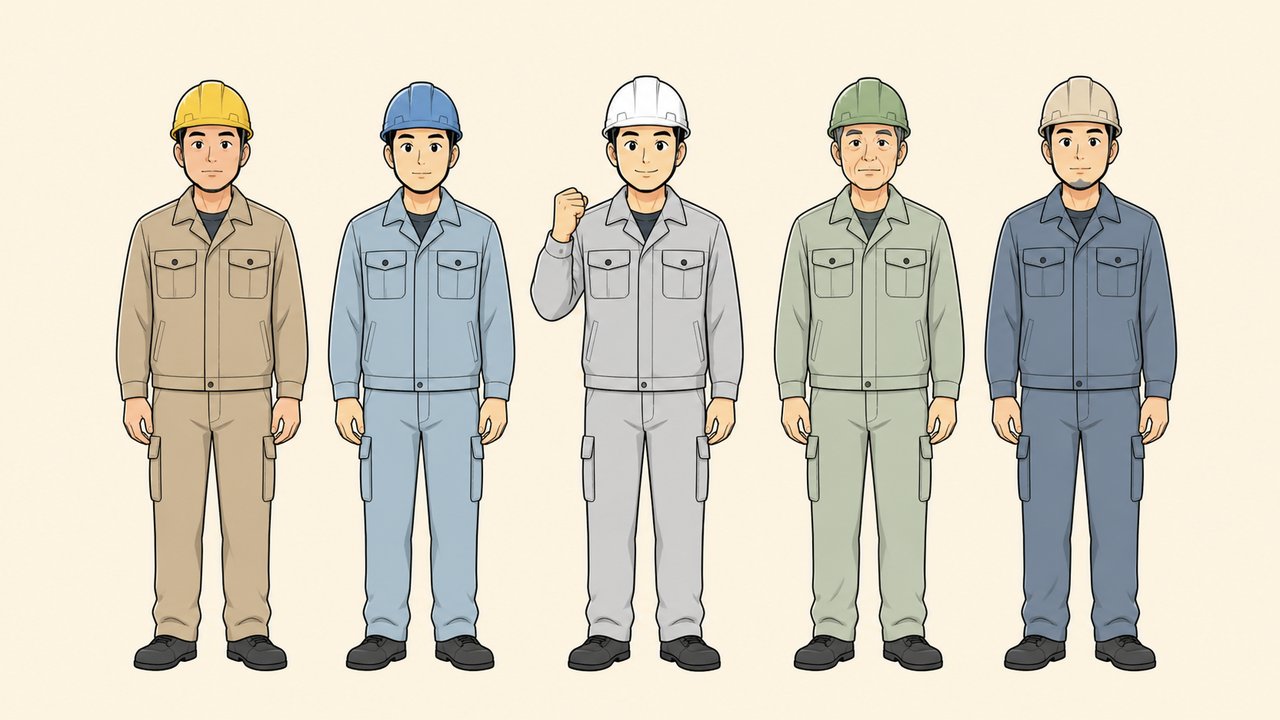 5人の作業員のうち1人だけがガッツポーズをしているイラスト