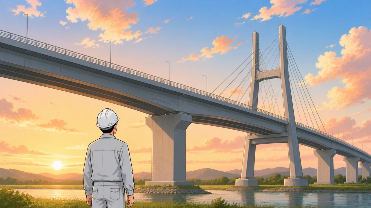 夕焼けの中、完成した橋を見上げる作業員の後ろ姿のイラスト