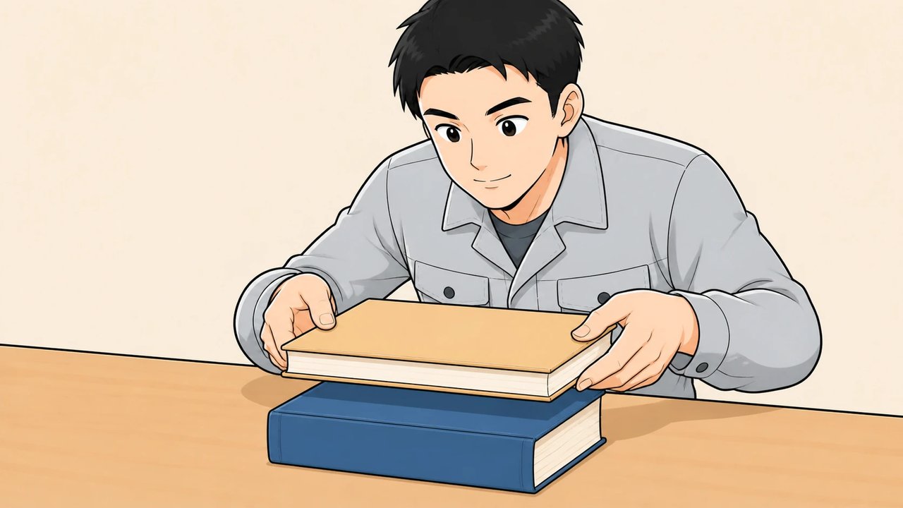 机の上で厚い本の上にもう1冊を重ねる作業員のイラスト