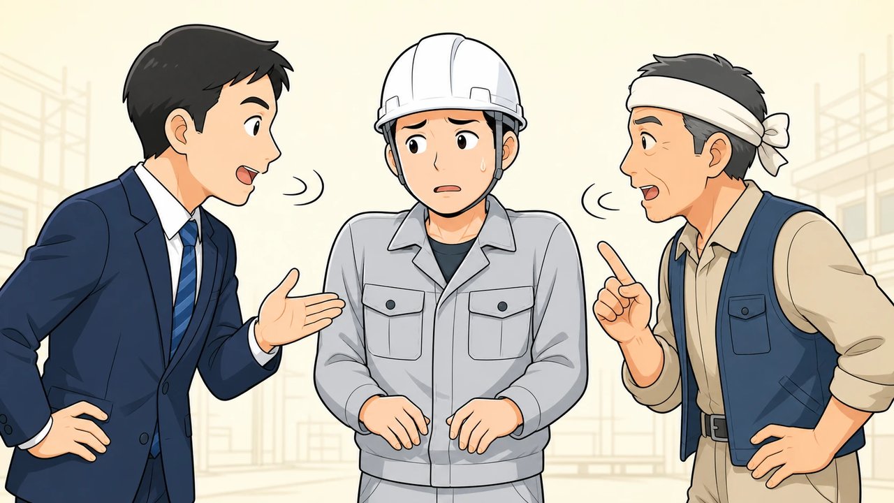 スーツの上司と職人に挟まれて困る作業員のイラスト
