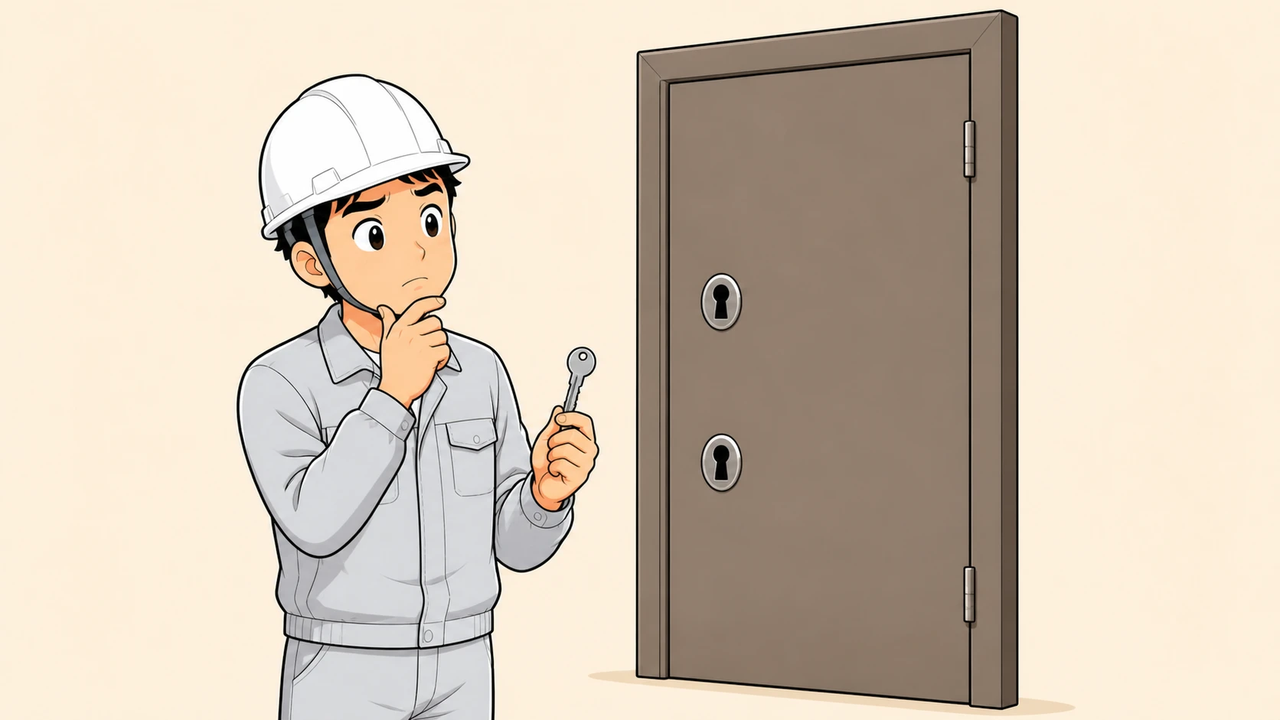 鍵穴が2つある扉の前で、鍵を1本だけ持って考え込む作業員のイラスト