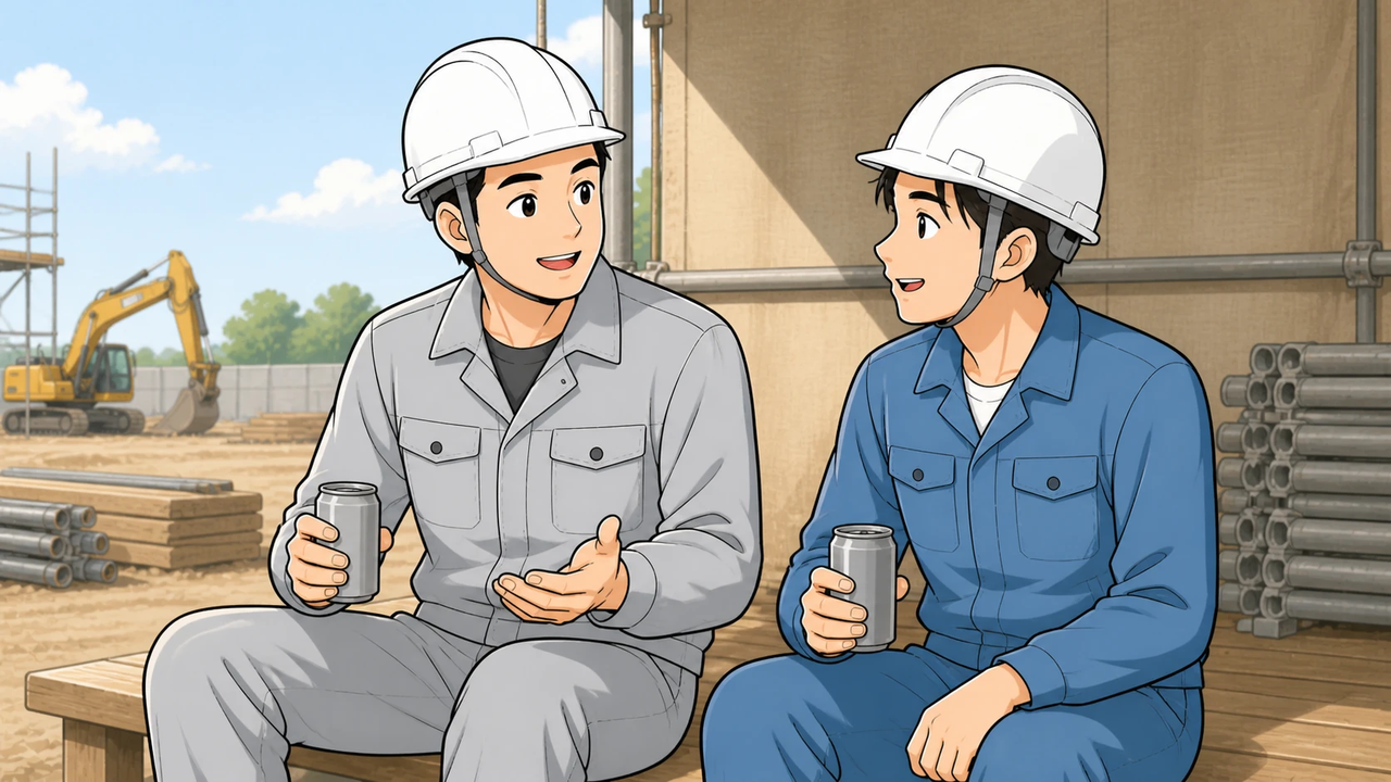 現場の休憩中に缶コーヒーを持って後輩と話す作業員のイラスト