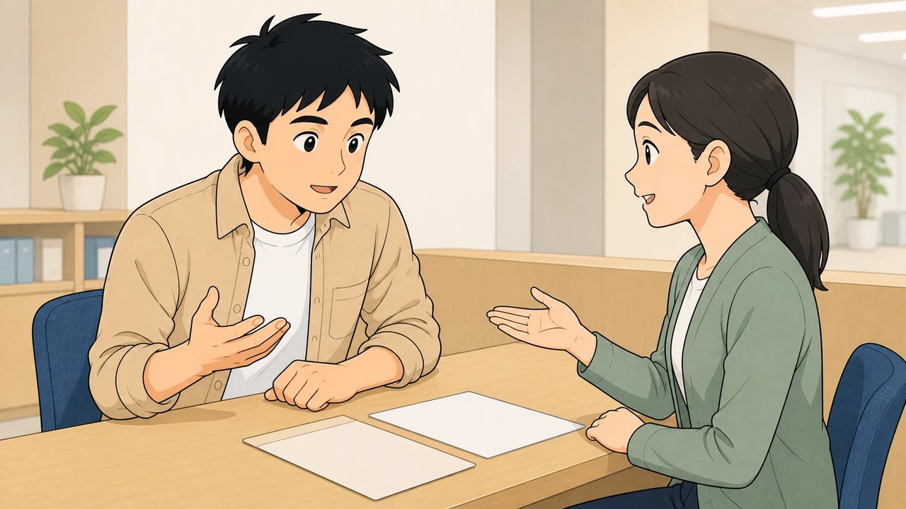 窓口カウンターで職員と相談する男性のイラスト