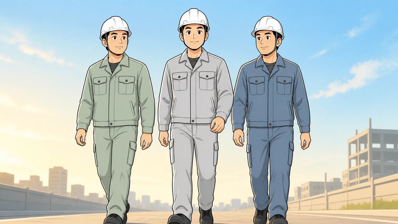 作業服の男性3人が朝の空の下、並んで前向きに歩くイラスト