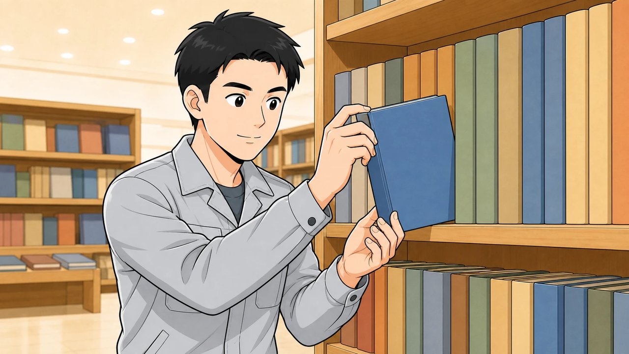 書店の棚から1冊の本を手に取る男性のイラスト