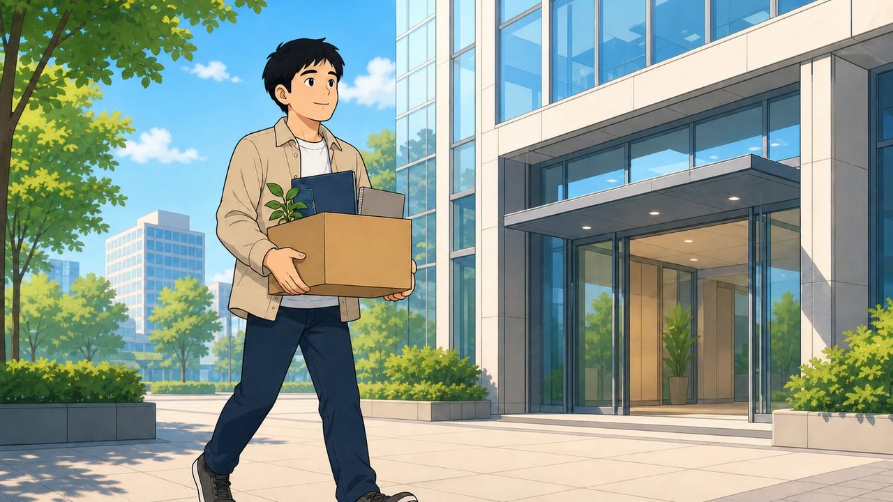 段ボール箱を抱えて新しいオフィスビルへ歩く男性のイラスト