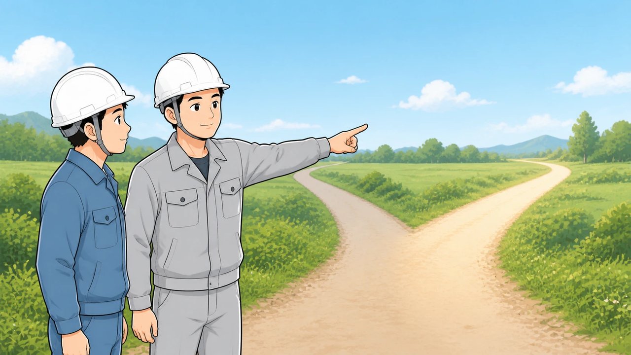 分かれ道で若手に進む道を指さして示す作業員のイラスト