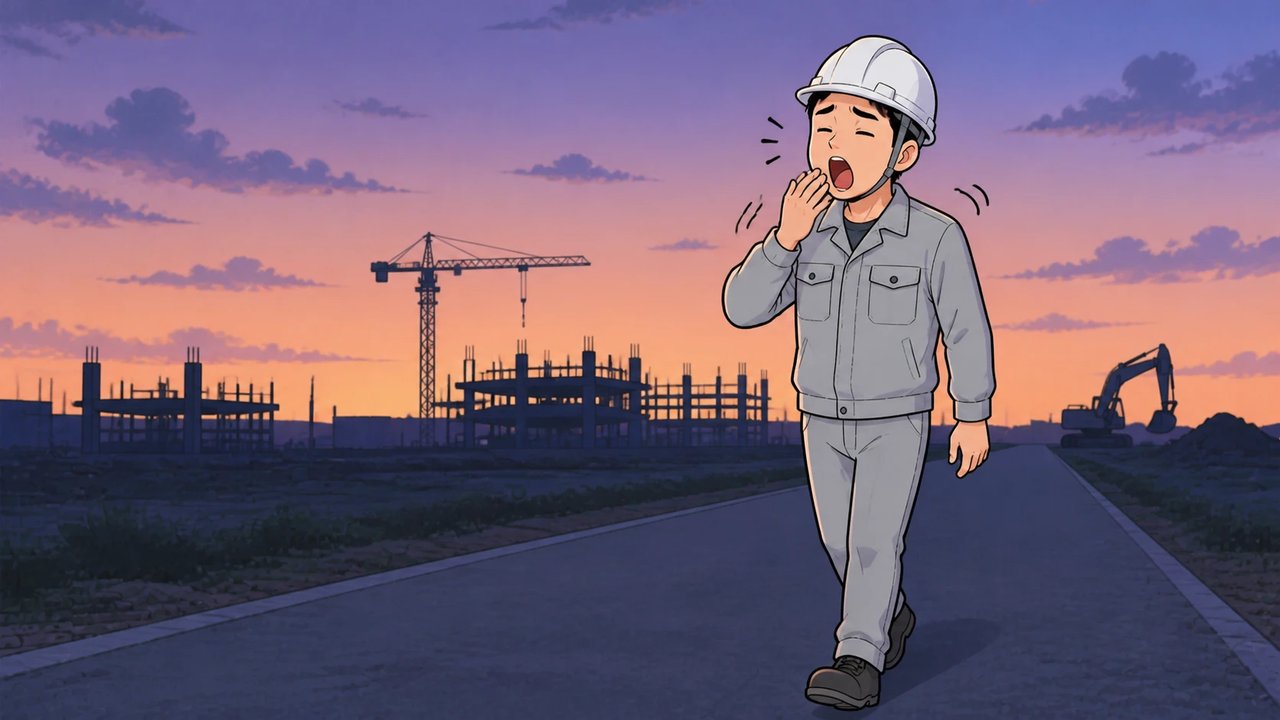 夜明けの現場への道で大きなあくびをする作業員のイラスト