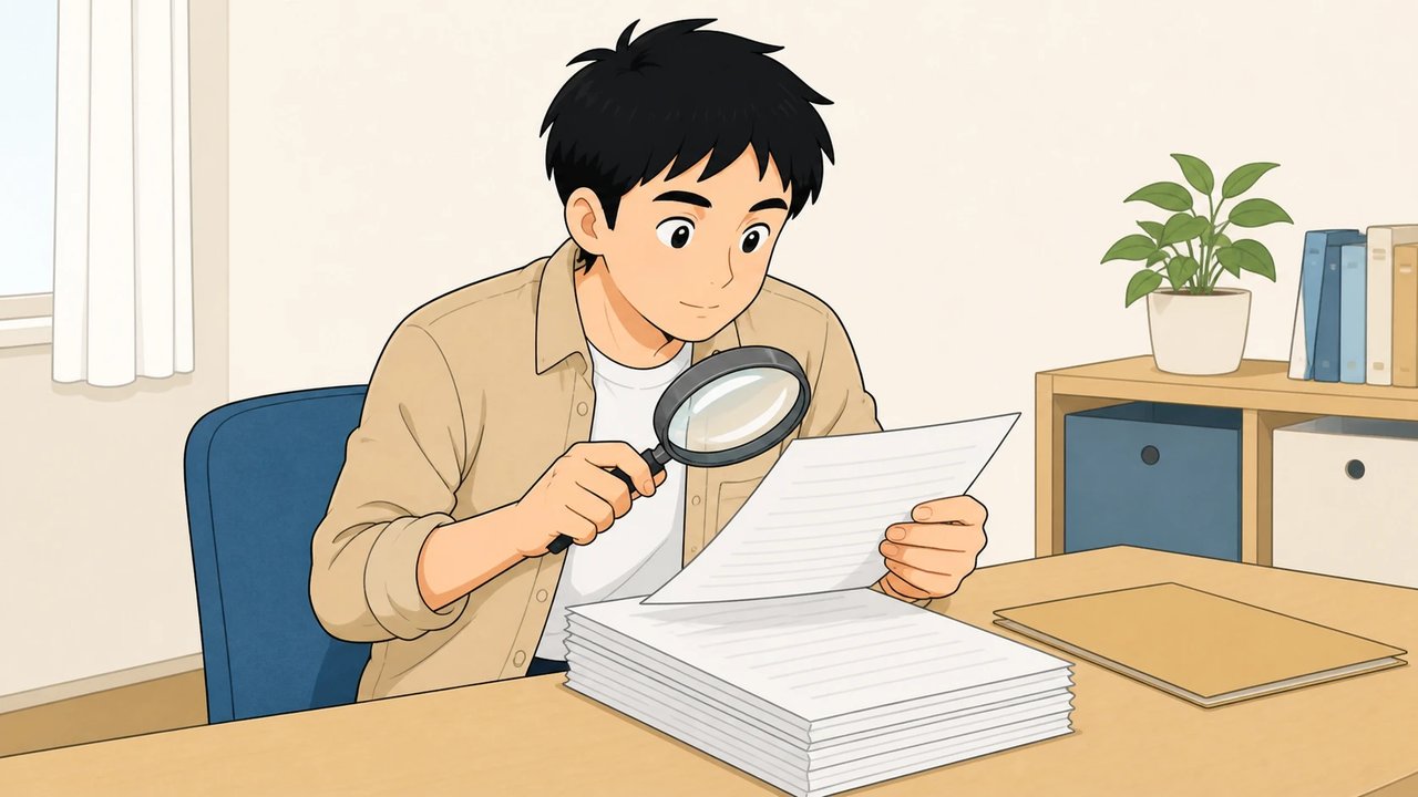 虫めがねで書類をじっくり確かめる男性のイラスト