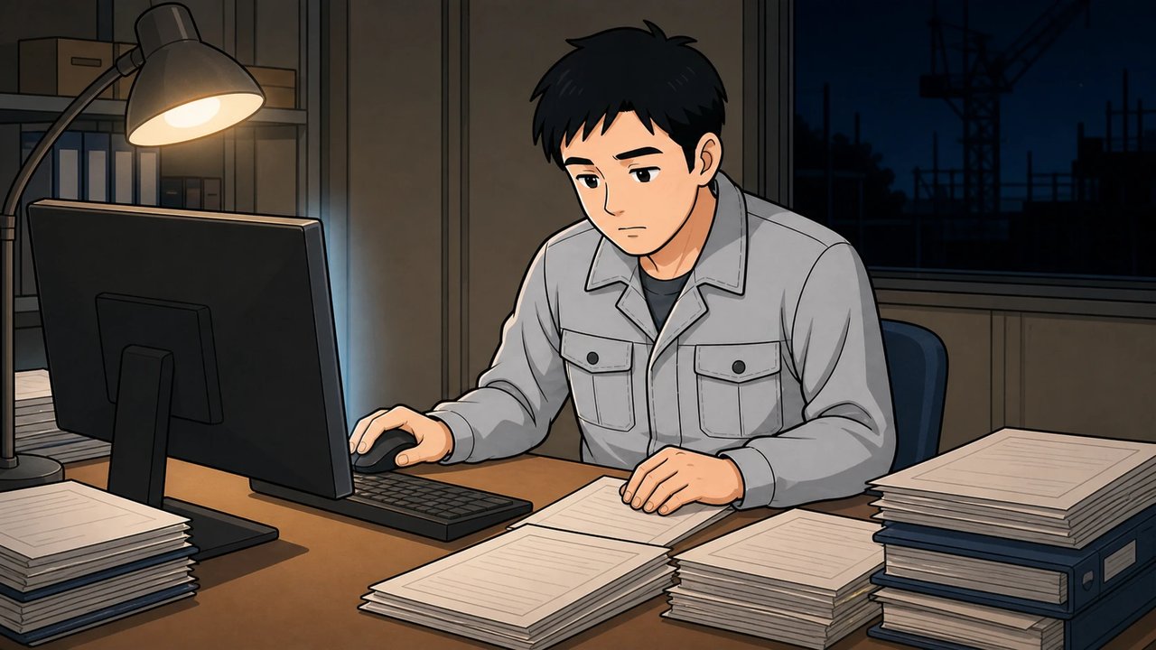 夜の現場事務所で書類の山とパソコンに向かう作業員のイラスト