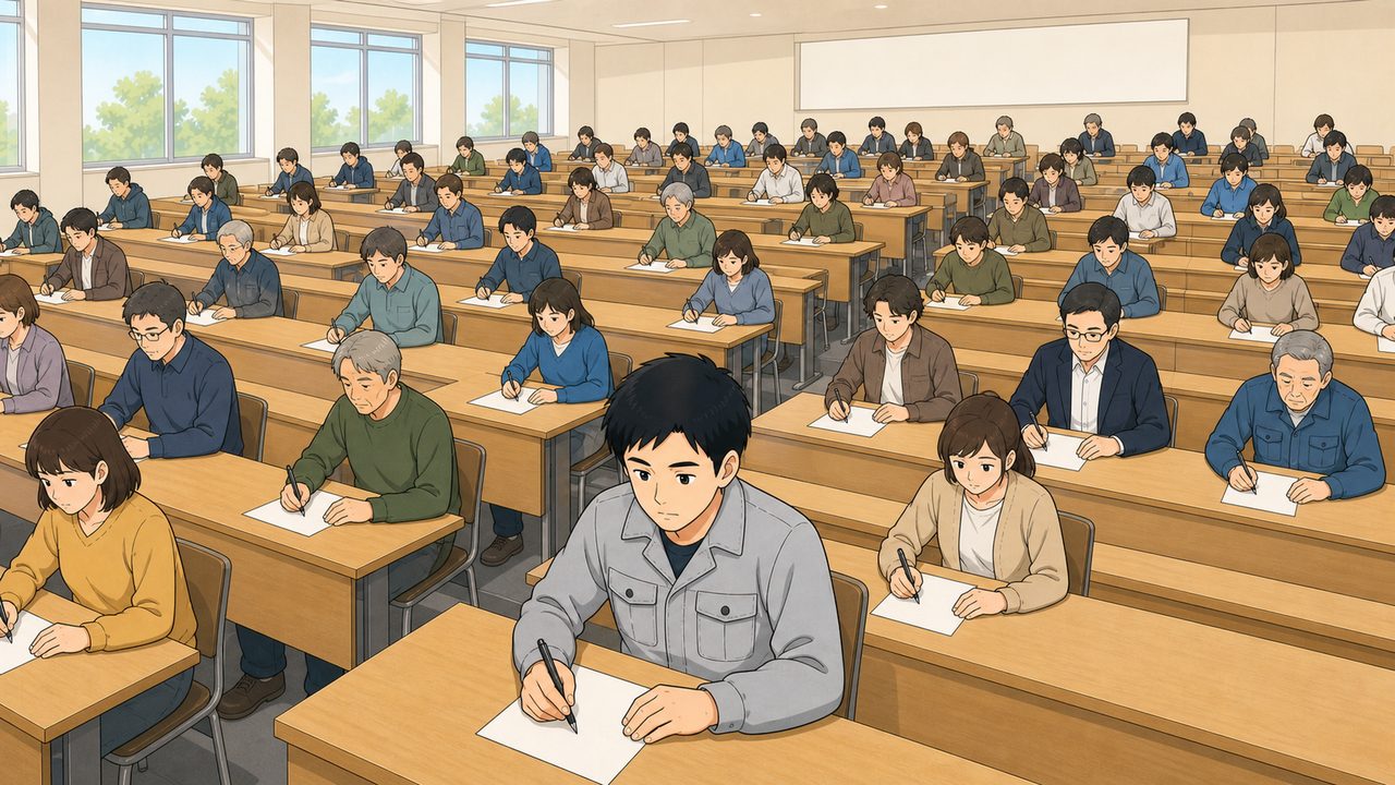 大勢の受験者で埋まった1級土木の試験会場のイラスト