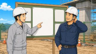 現場の掲示板に貼られた安全衛生責任者の名前を指差す作業員と職長のイラスト