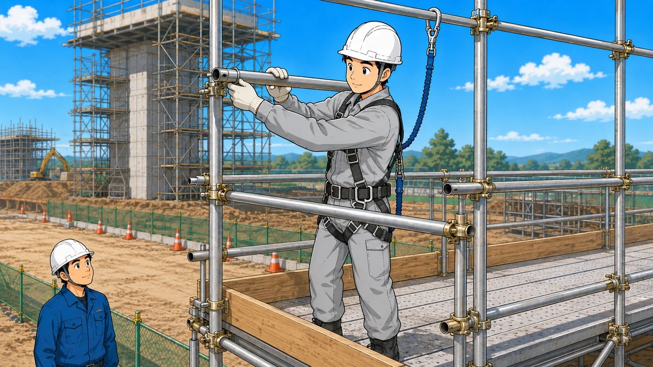 フルハーネスを付けて足場を組み立てる作業員のイラスト