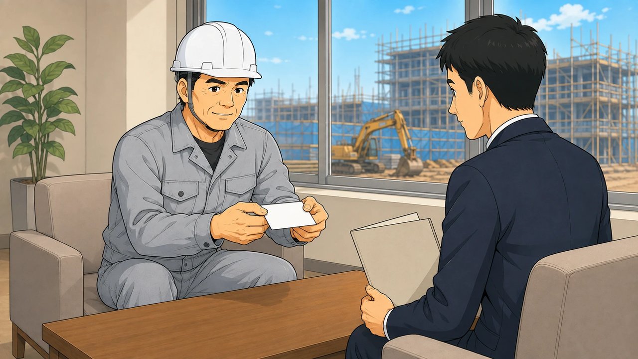 スーツ姿の発注者にカードを提示する作業服の男性のイラスト