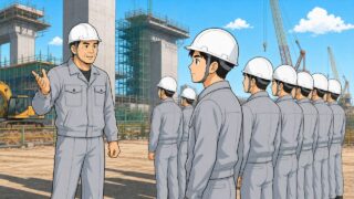 朝礼で安全の話をする現場代理人(所長)のイラスト