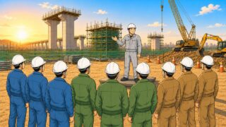 朝礼で3つの会社の作業員たちの前に立つ現場の所長のイラスト