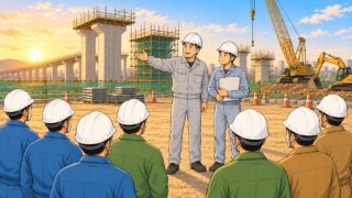 朝礼で現場所長の隣に立ち書類を持って補佐する元方安全衛生管理者のイラスト