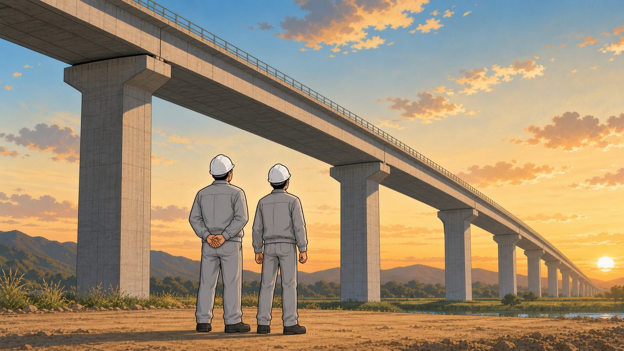 完成した高架橋を見上げる所長と若手のイラスト