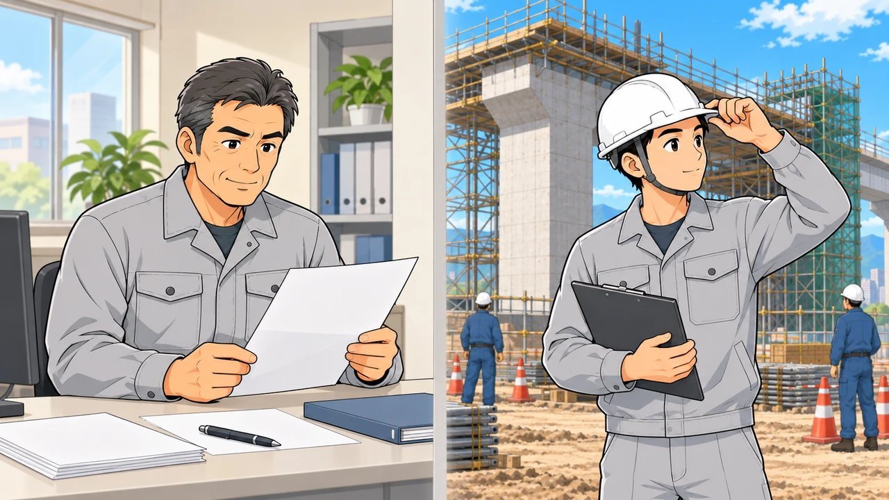 営業所で書類仕事をする専任技術者と、現場に立つ主任技術者の対比イラスト