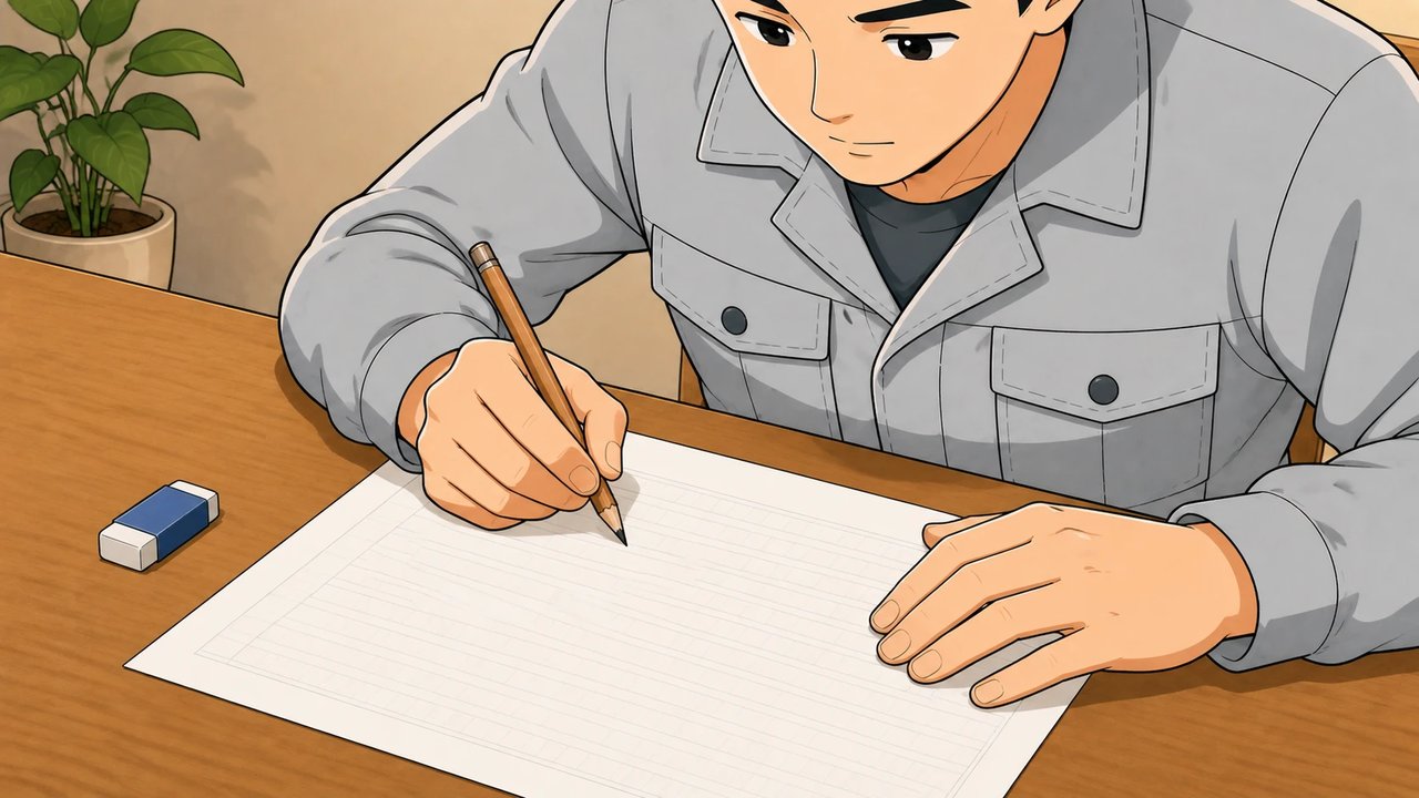 原稿用紙に鉛筆で書き始める手元のイラスト