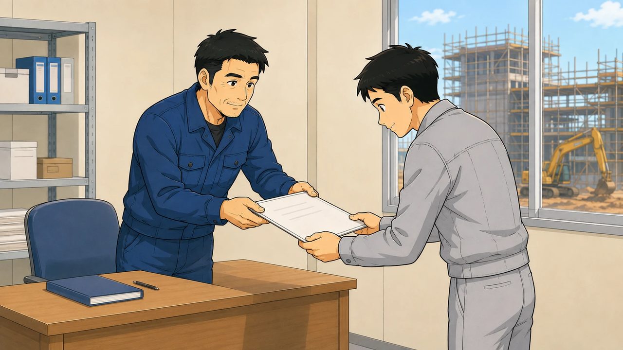 現場事務所で安全衛生責任者の選任書類を手渡す職長のイラスト
