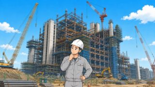 巨大な工事現場の前で首をかしげる若手施工管理のイラスト